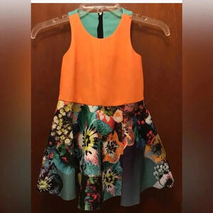 Girl MILLY MINI orange Teal Floral Sleeveless Scuba Fit Flare Dress Sz Small?